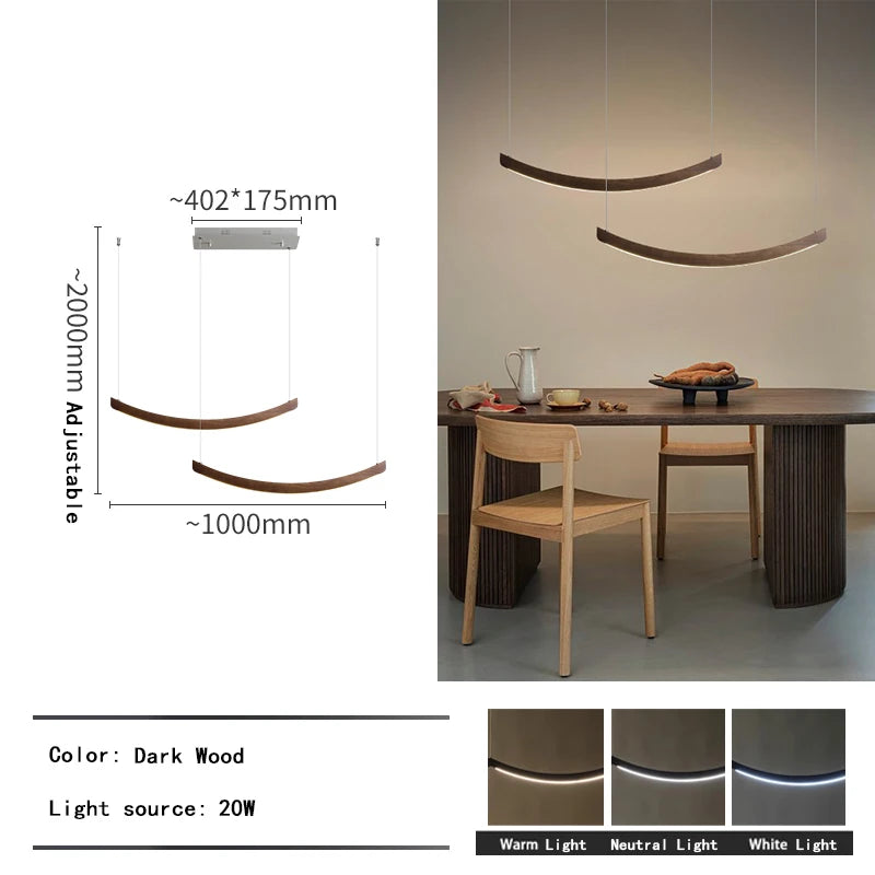 2026 Wood Arch Modern Long Pendant Light - Minimalist LED Dining Table Chandelier