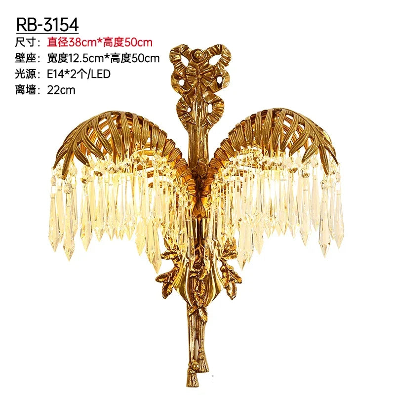 Hand Carving Gold Brass Hanging Pendant Lights Villa Living Room Luxury Crystal Palm Chandelier