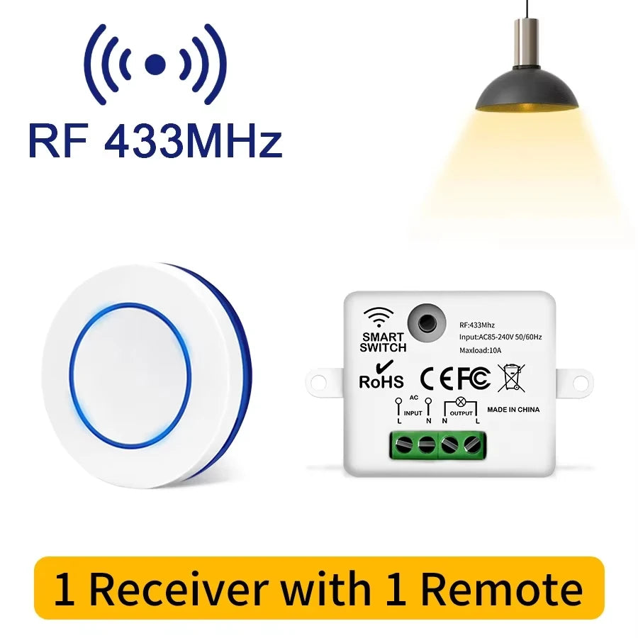 Wireless RF 433MHz Light Switch Kit - 10A Relay Receiver & Mini Wall Button