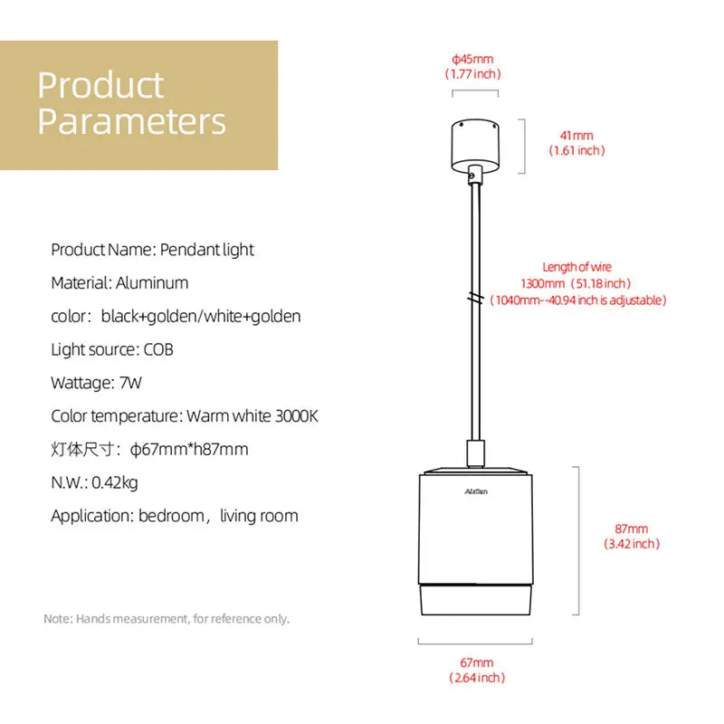Mini Modern Pendant Light 7W CRI 97 Aluminum Hanging Lamp Adjustable Line Length for Living Room Bedroom Restaurant