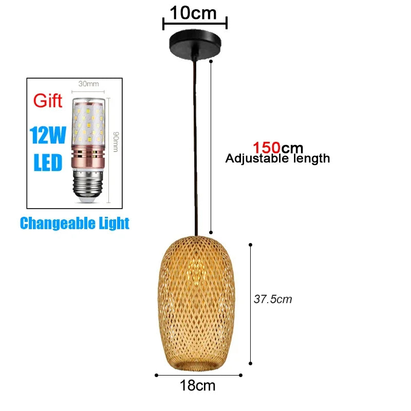 Handmade Vintage Pendant Lamp Bamboo Restaurant Café Chandeliers Wood Base E27 Bulb Lighting Hotel Bedroom Interior Classical