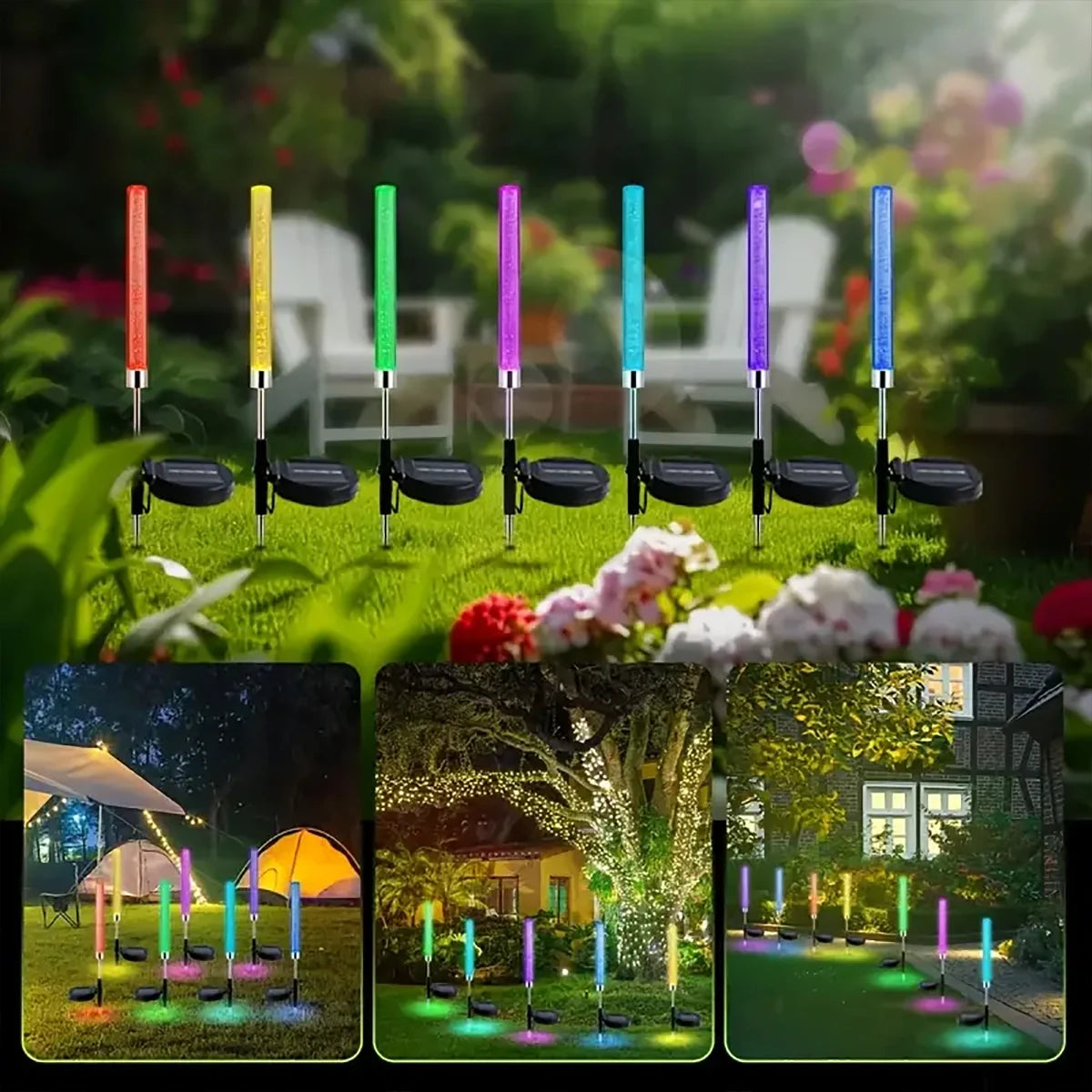 Solar Reed Bubble Stick Lights - RGB Color Changing Acrylic Lawn Stake Lamps