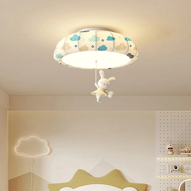 Cartoon Bear Horse Rabbit Ceiling Lamps for Children's Room Bedroom Nursery School Boy Girl Pink Blue Fabric Chandelier Light
