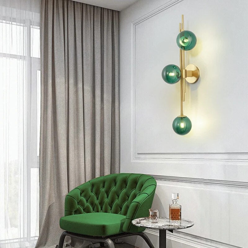 3 Heads Blue Glass Ball Postmodern Wall Lamp For Bathroom Living Room Bedside Sconce Light Fixtures House Decoration Lighting