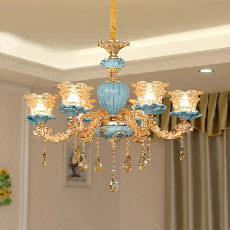 Large Blue Ceramic Chandelier Modern Crystal Glass Fixture Dining Room Contemporary Chandelier For Living Room Home Lighting