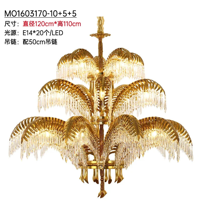 Hand Carving Gold Brass Hanging Pendant Lights Villa Living Room Luxury Crystal Palm Chandelier