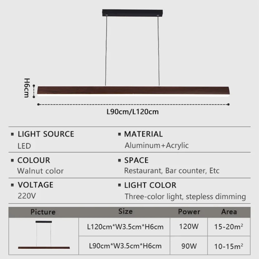 Walnut Led Pendant Light Long Strip Dining Room Kitchen Island Dimmable Droplight Bar Counter Living Room Decor Hanging Light