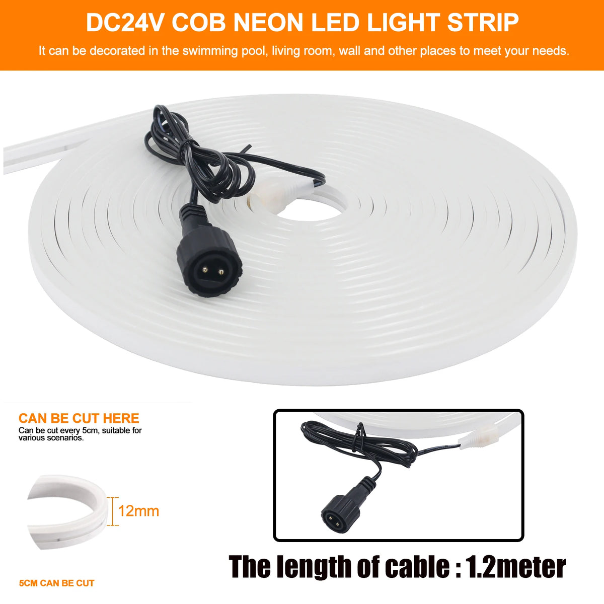 Solar Powered DC 24V Neon Strip Light (IP67 Waterproof, Warm/Cold White) - Flexible Outdoor Garden Decor LED Rope Ribbon Lamp