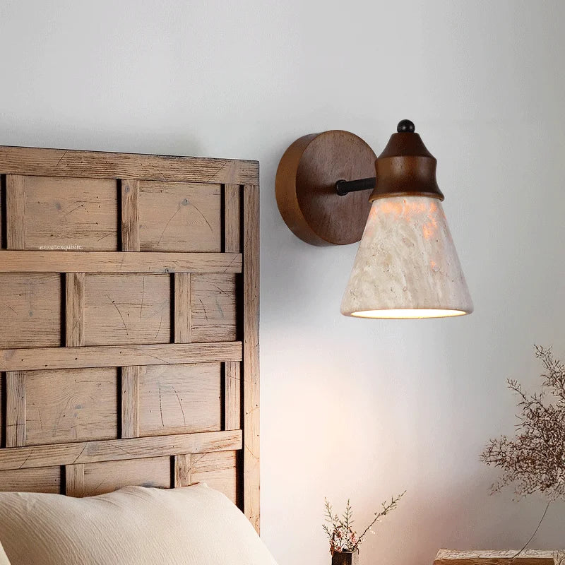 Natural Yellow Travertine Stone Wall Sconce Lamp - Classical LED Wall Light Fixture for Bedroom Bedside, Living Room & Home Decor