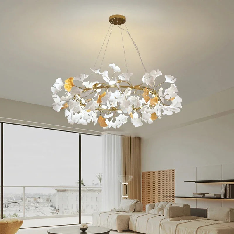 Nordic Ginkgo Leaf LED Chandelier - Modern Round Interior Hanging Light