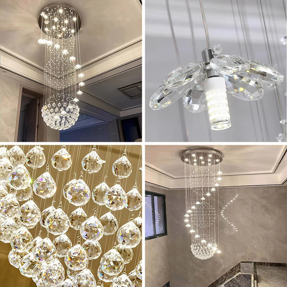 Floral Crystal String Chandelier Tall LED Pendant Light Indoor Decor Lighting For High Ceiling Stairs Lobby Hotel