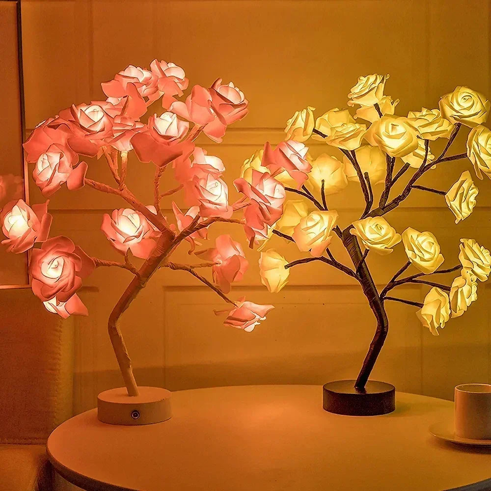 Novelty 24 LED Rose Flower Tree Lights USB Table Lamp Fairy Night Lamp Home Party Christmas Wedding Bedroom Decoration Gift