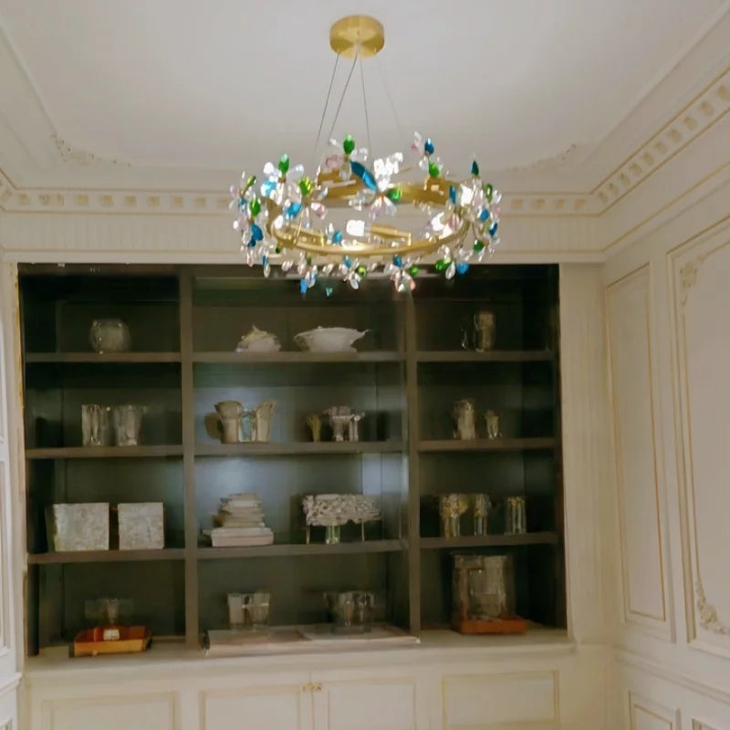 French Colored Crystal Flower Pendant Light Living Room Dining Room Bedroom Daughter's Room Low Floor Light Ceiling Chandelier