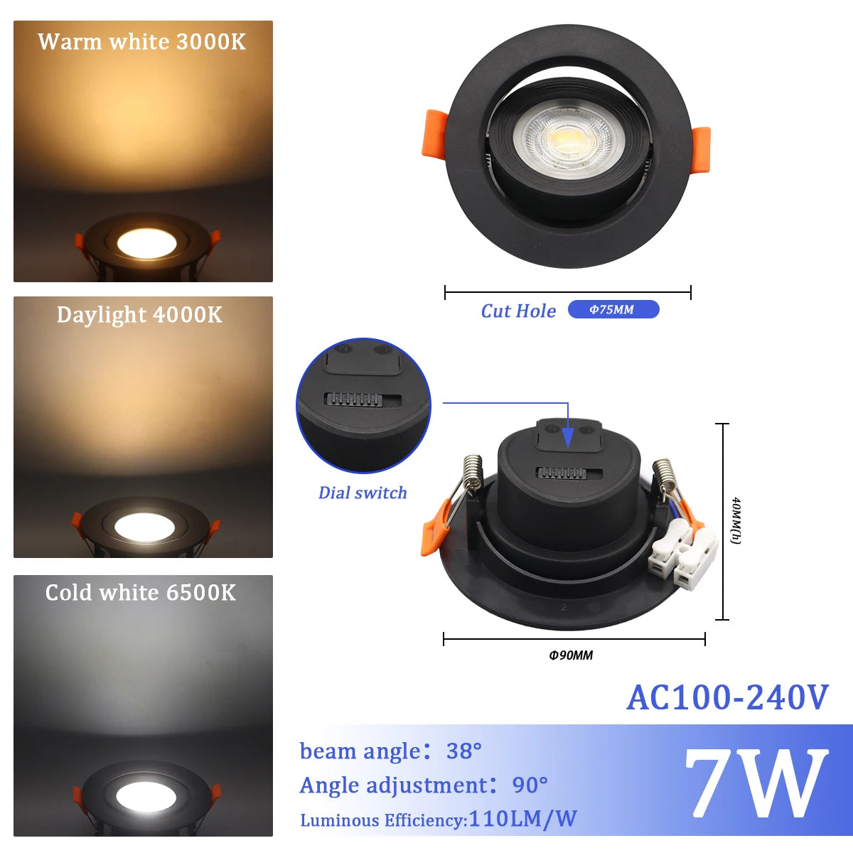 LED Change Color 3 CCT 3000K 4000K 6000K LED Ceiling Spotlight Embedded Light 7W AC 110V 220V Adjust 90° 1-10pcs Lighting Spot