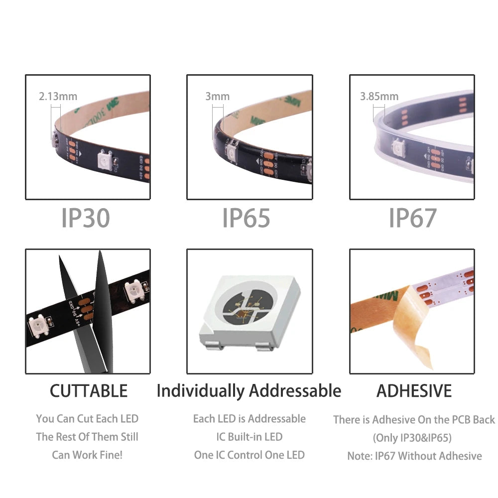 WS2812B WS2815 WS2813 WS2811 Addressable RGBIC LED Strip - DC5V/12V Smart Pixel Tape Light (30/60/144 LEDs/m)