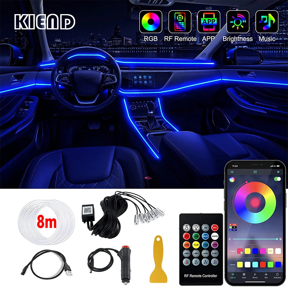 Fiber Optic LED Car Ambient Lighting - RGB Neon Interior Atmosphere Kit