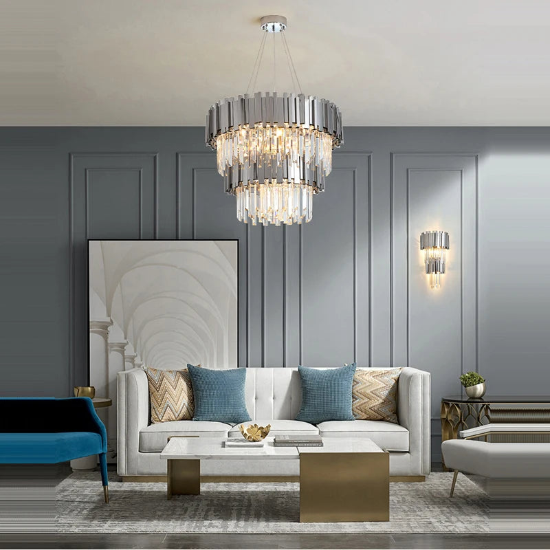 LED Gold Chrome 2 Layer Crystal Ceiling Chandeliers 2023 New Trend Lighting Lustre Suspension Luminaire Lamp For Living Room