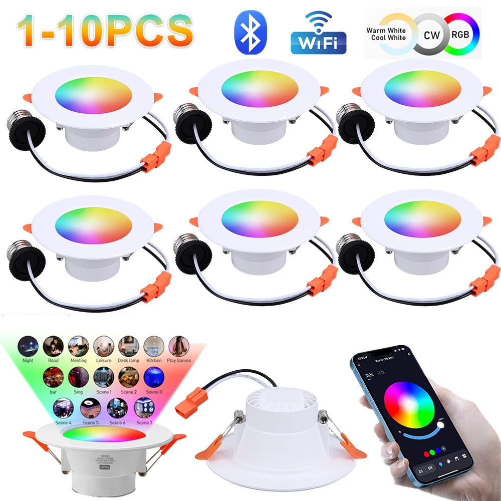 10W Tuya LED Downlight RGB+CW+CCT Dimmable Spotlight 85-265V Bluetooth Smart Ceiling Light Smart Night Light APP Remote Control