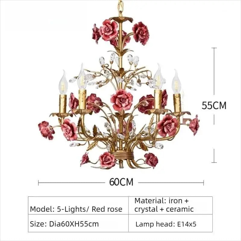 Pink Red Ceramic Rose Chandelier Luxury French Gold 5 Lights Chandelier Bedroom Lighting 6/8/10 Living Room Hanging Lights