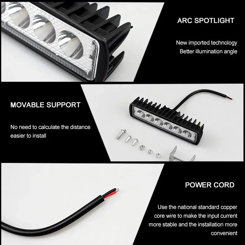 18W 6-LED Car Work Light - Universal 12V High-Bright Offroad Spotlight