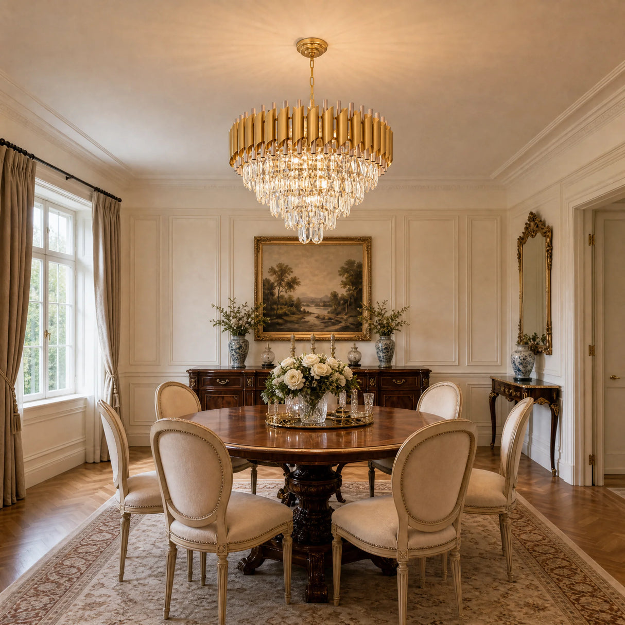 Modern Gold Round Crystal Chandelier, 5-Tier Raindrop K9 Crystal Pendant Light Adjustable Chain Luxury Ceiling Light Fixture for Dining Room Kitchen Island Living Room Bedroom