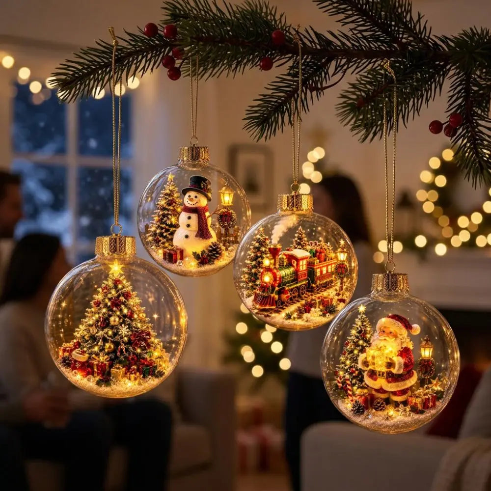 Transparent Lighted Christmas Ball Ornament Acrylic Plastic Clear Christmas Bauble Ornament Exquisite Cartoon Style