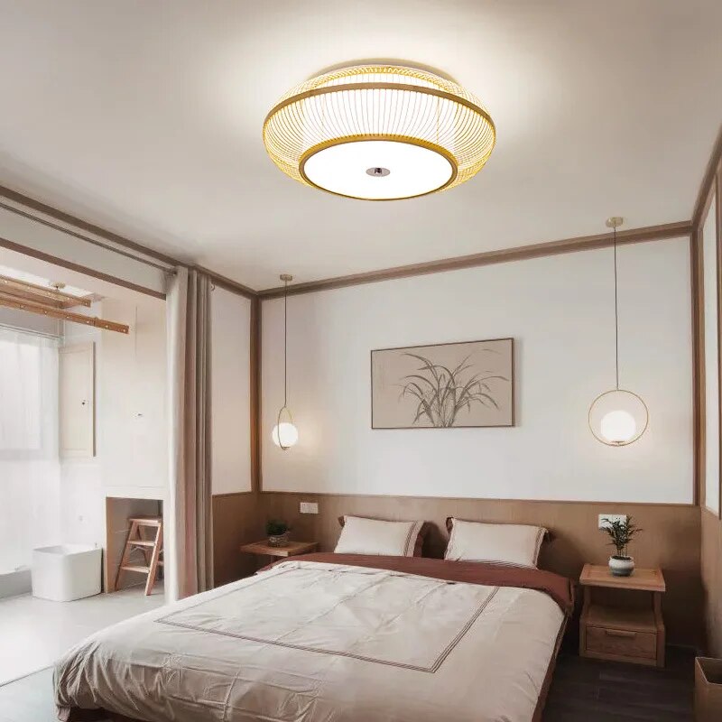 Style Chandelier Bamboo Wood Ceiling Lamp Surface Mounted Large Size Living Room Bedroom Luster Luminaire 45 50 60 cm