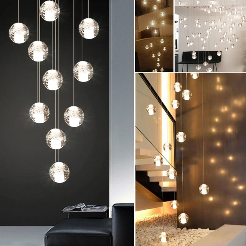 LED Villa Staircase Pendant Lights Long Cable Hanging crystal glass ball droplight for Restaurant Bar Indoor Decorative