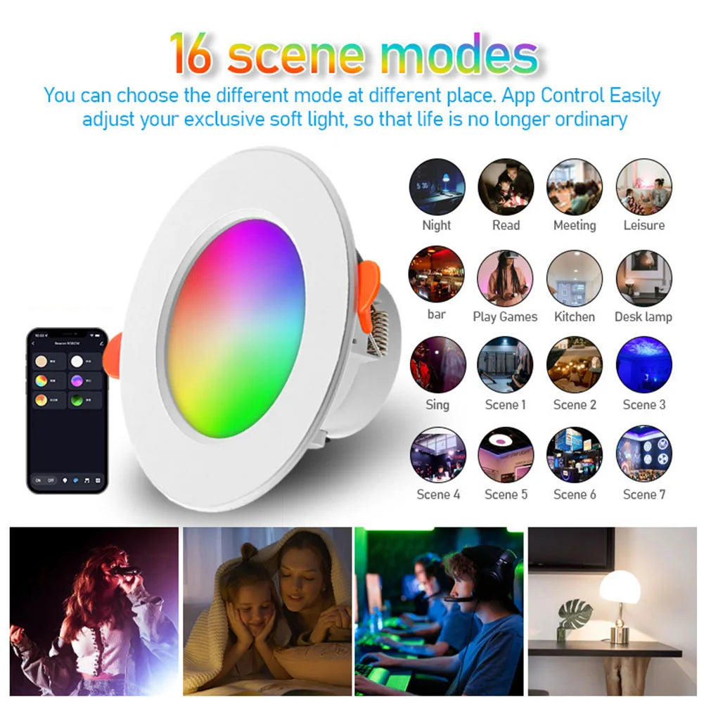 1-10 Pack Smart RGB LED Recessed Downlight (10W Dimmable, Warm to Cool White) - Round Color-Changing Ceiling Spot Light Panel Lamp for Bedroom & Living Room Decor