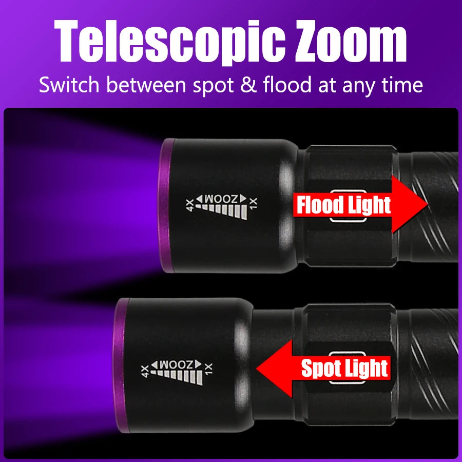 395NM UV Flashlight Rechargeable Ultraviolet Torch Pet Urine Scorpion Detector UV Lamp Anti-counterfeiting Bill Seal Detector