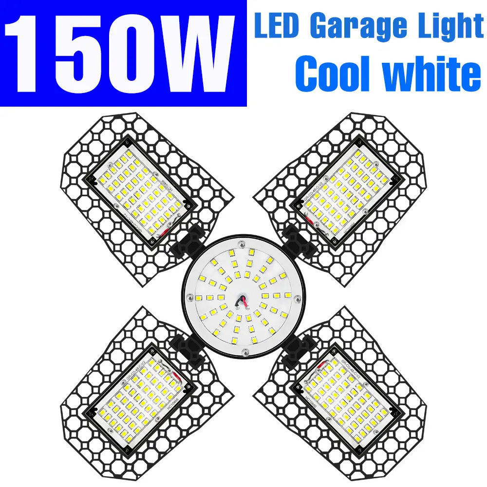 200W Deformable LED Garage Light (E26/E27) AC85-265V - Foldable High Bay Ceiling Lamp for Workshop, Warehouse & Basement