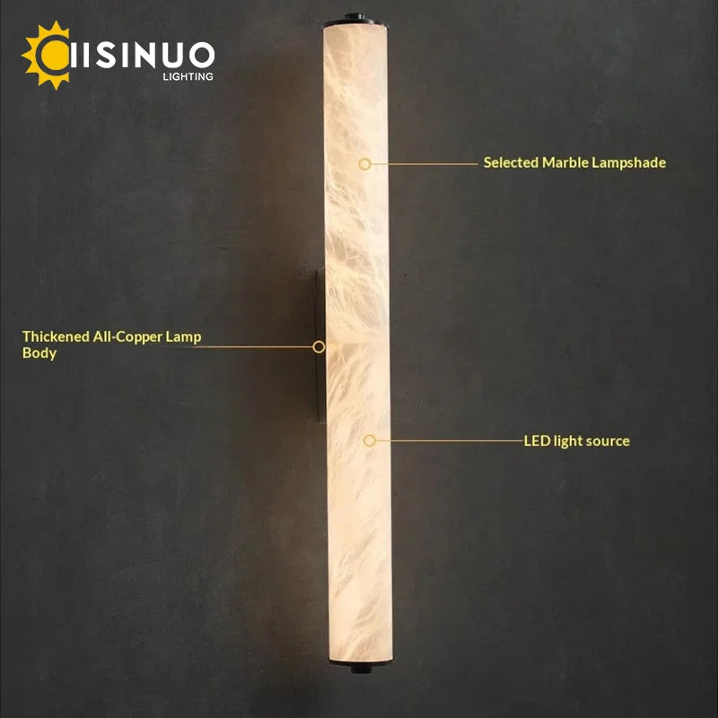 Spanish Natural Marble Wall Sconce Lamp - Cylindrical Up & Down LED Wall Light Fixture for Bathroom, Bedroom, Stairs & Parlor Decor