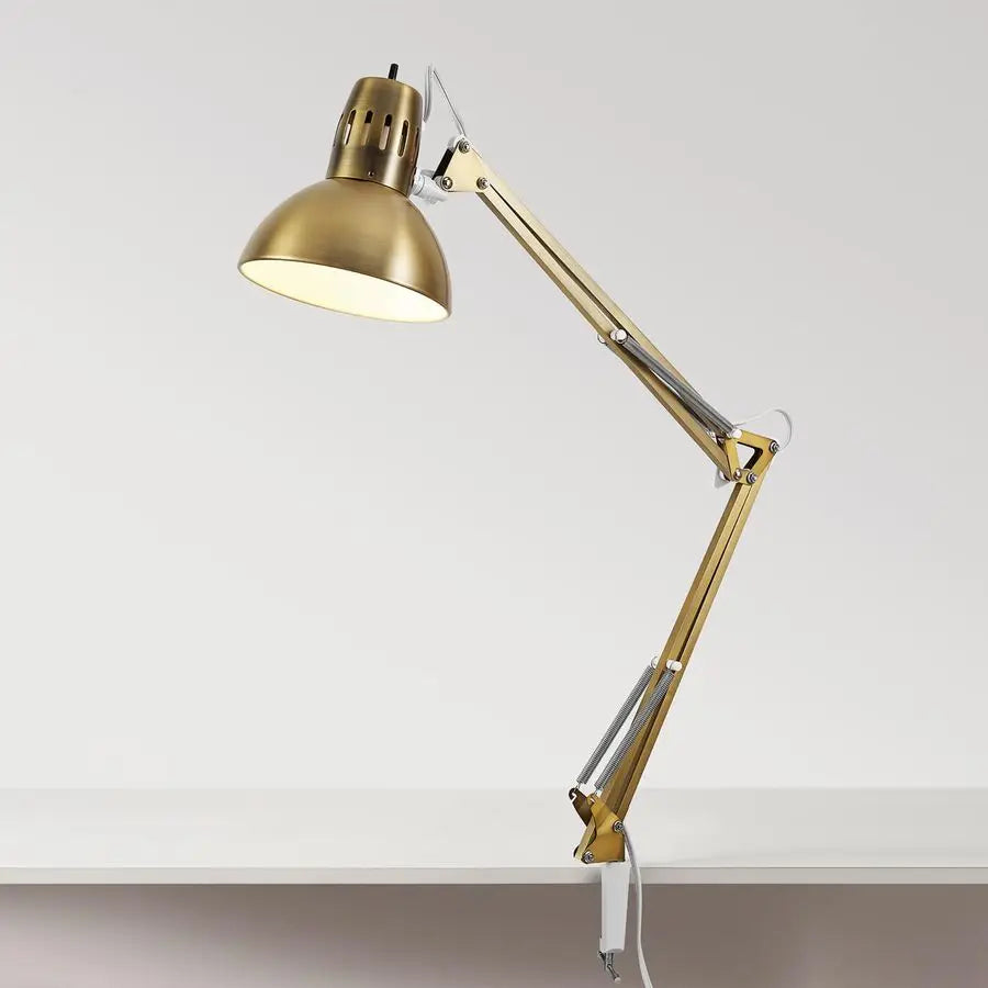 Electric 62000010 32 MultiJoint Desk Lamp with Metal Clamp, Matte Brass, White Accents, On Off Rotary Switch on Shade, Partially