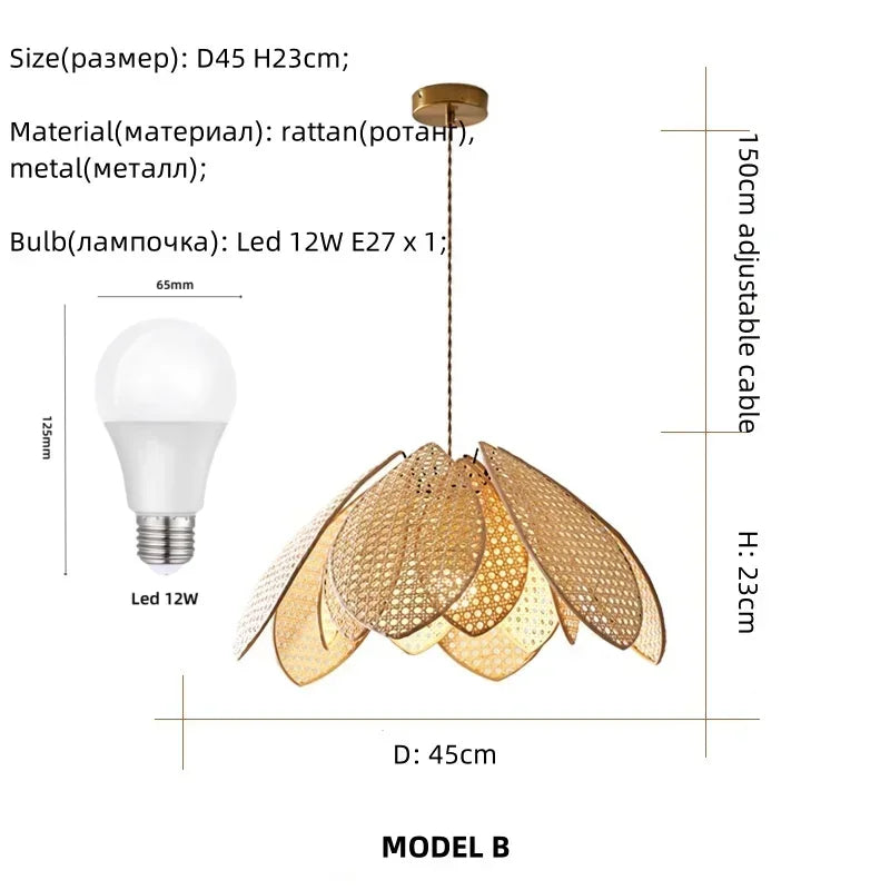 Dining Room Rattan Petal E27 Chandelier Nordic Wabi Sabi Led Pendant Lights Modern Simple Foyer Suspend Lamp Bedroom Lamparas