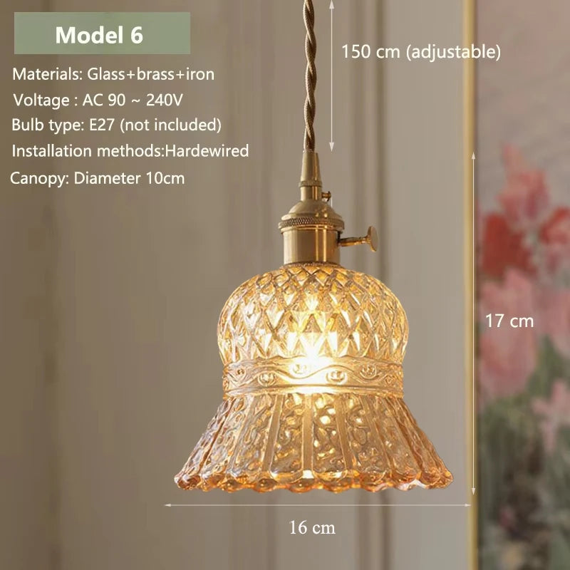 Vintage Amber Glass Pendant Light - Retro Brass Adjustable Hanging Hanging Lamp
