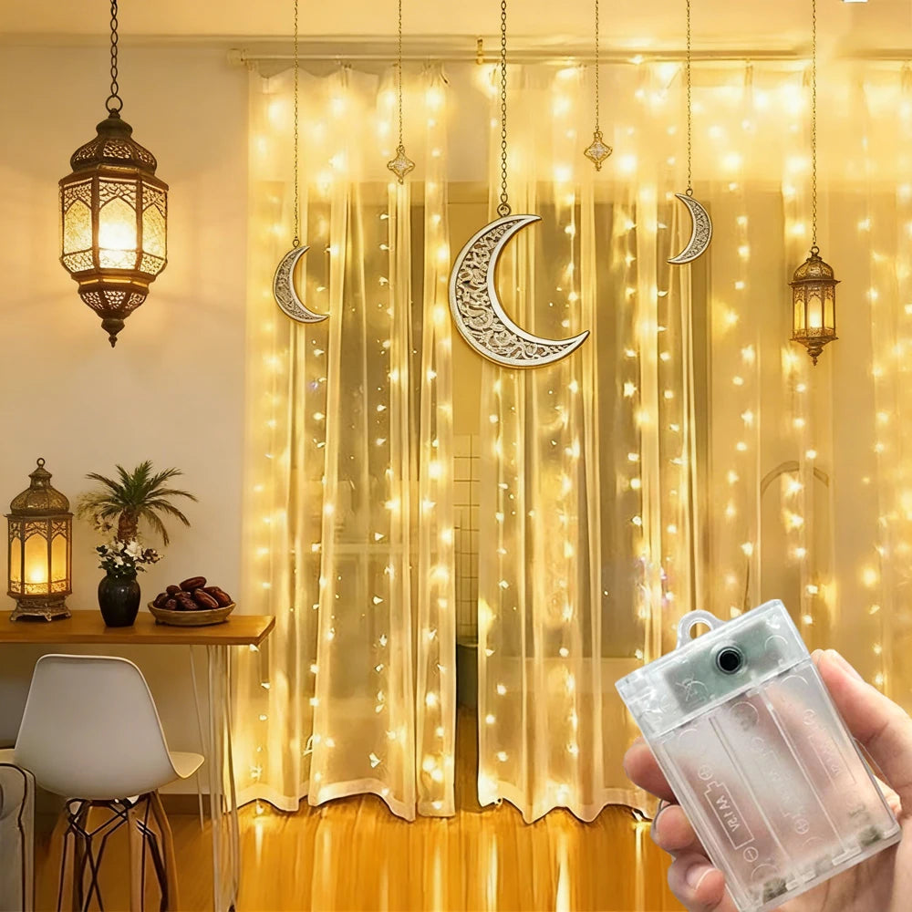 3/6M EID LED Curtain Light String Battery Power Wedding Bedroom Decor Ramadan Home Decoration 2026 Outdoor Lighting