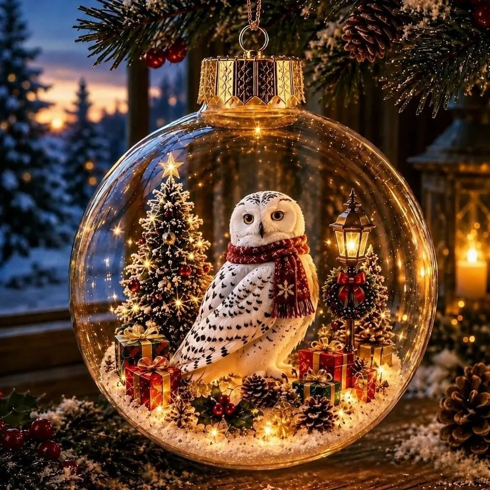Light-Up Christmas Crystal Ball Spherical Clear Animal Snow Globe Ornament Animal Figure Hanging Holiday Decoration