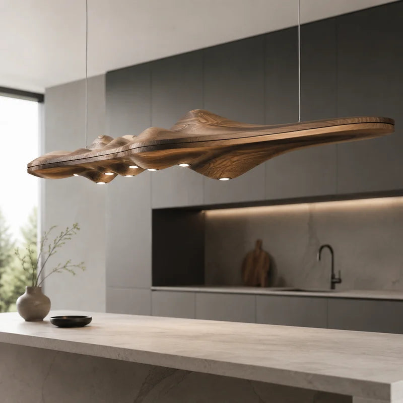 Wabi Sabi Wood Sculptural Mountain Shape Design Minimalist Artistic Dining Room Kitchen Island Interior Decor Home Pendant Lamp