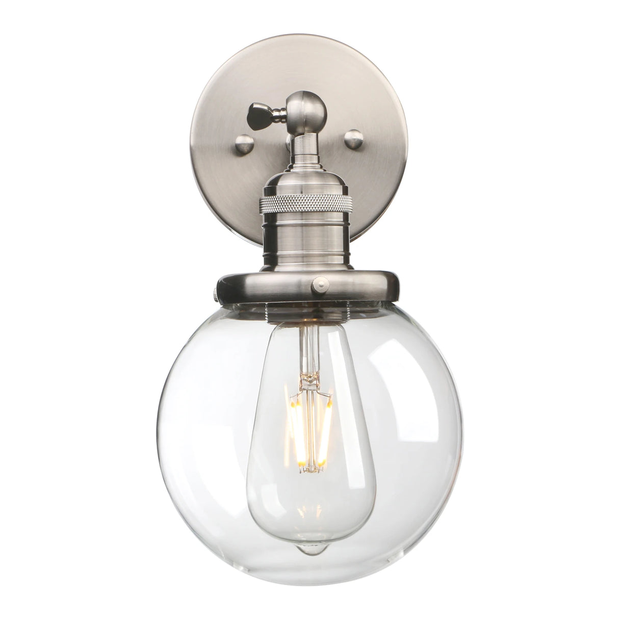 Vintage Industrial Wall Sconce Lighting Fixture with Mini 5.9" Round Clear Glass Globe Hand Blown Shade