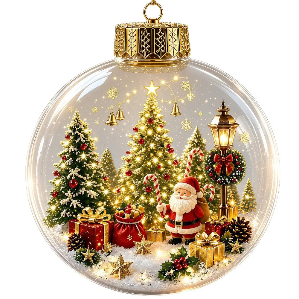 Clear Acrylic Lighted Christmas Ball Ornament Mini Interior Scene Warm LED Light-Up Tree Hanging Bauble Cartoon Shock-Resistant