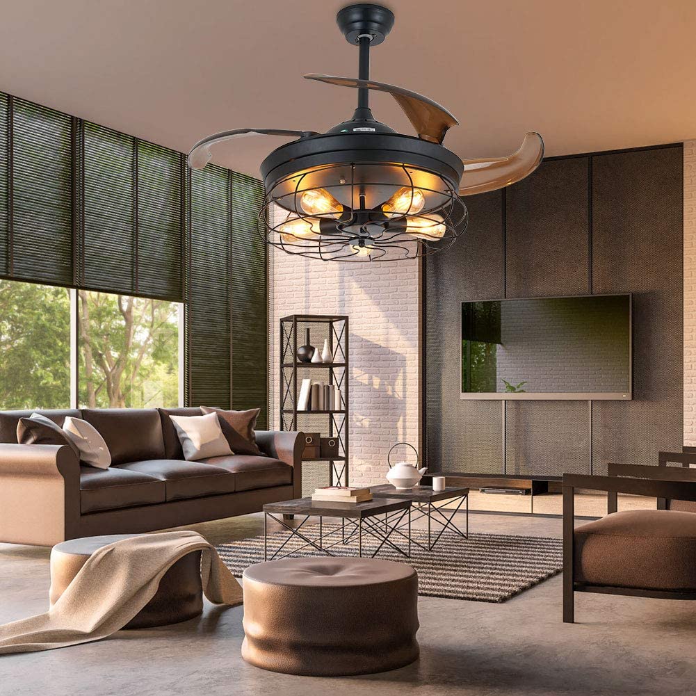Round LED Ceiling Fan Light Vintage Chandelier Pedant Lamp W/ Remote for Living Dining Room Bedroom
