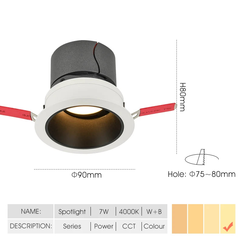 Recessed Anti-glare LED Downlight 7W 12W Home Living Room Bedroom Ceiling Lamp Flood Spot Lights Cut out Hole 8cm