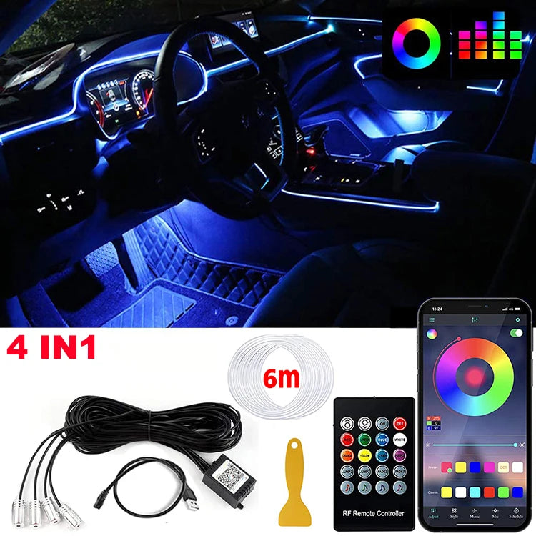 Fiber Optic LED Car Ambient Lighting - RGB Neon Interior Atmosphere Kit