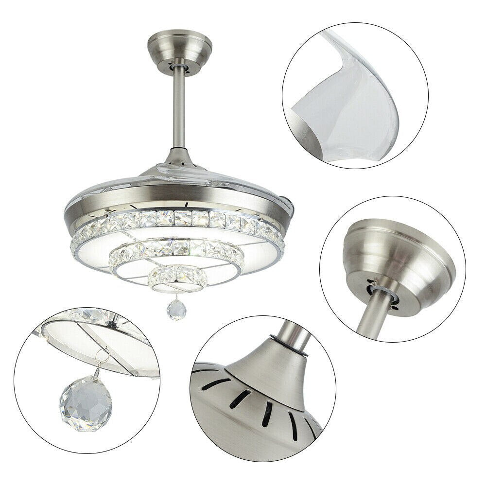 Ceiling Fan Modern LED Crystal Chandelier Bedroom 3 Color Light with Remote Control 36w