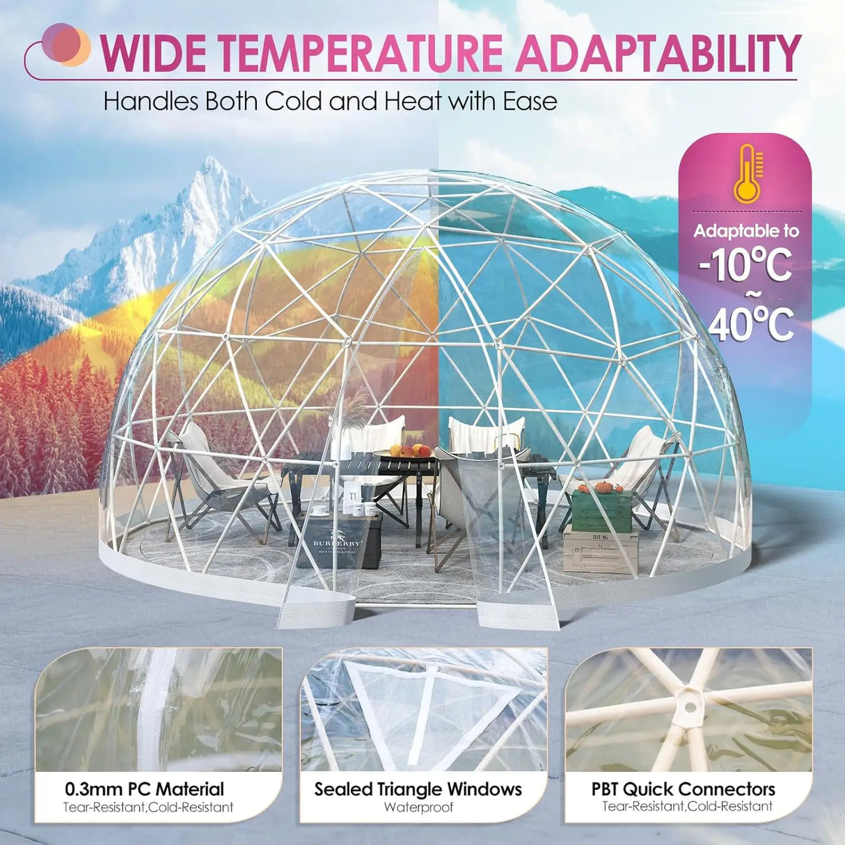 12FT Outdoor Dome Tent Waterproof PVC Clear Cover LED Lights Window 6-10 Person Camping Backyard Patio Party Custom