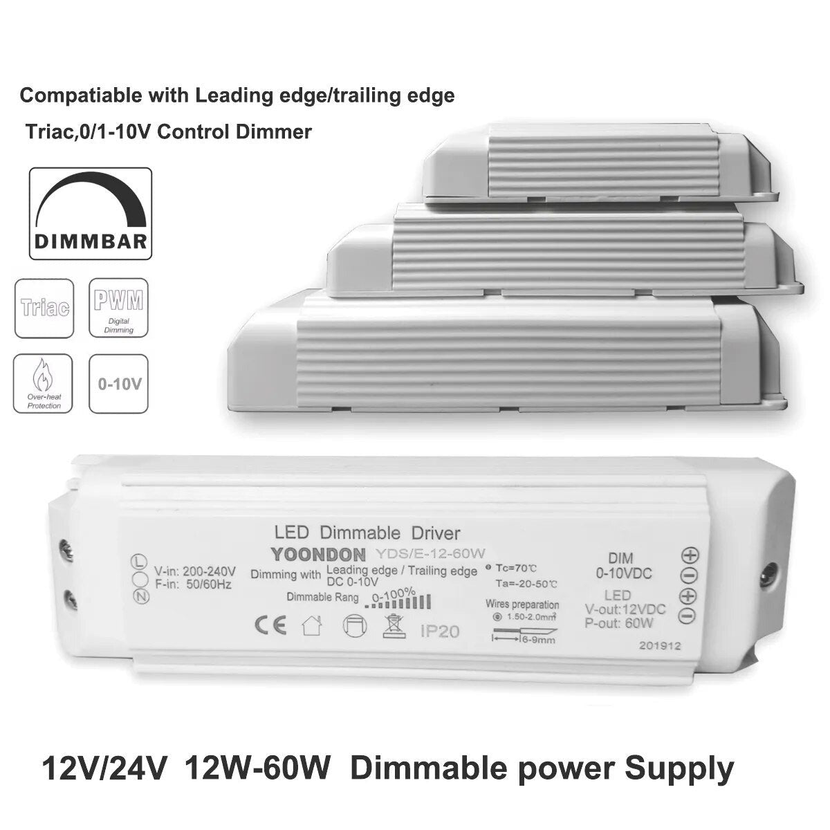 AC 220V Dimmable LED Driver DC12V/24V 20W 40W 60W Triac & 0-10V Dimming 2in1 Power Supply Lighting Transformer