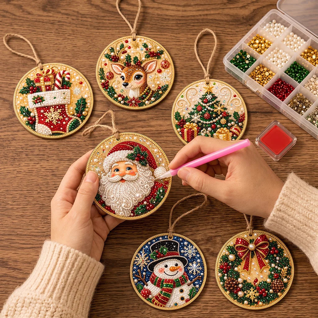 6Pcs DIY Diamond Painting Christmas Tree Ornaments Kit Rhinestone Art Craft Pendants Santa Snowman For Home Holiday Decoration