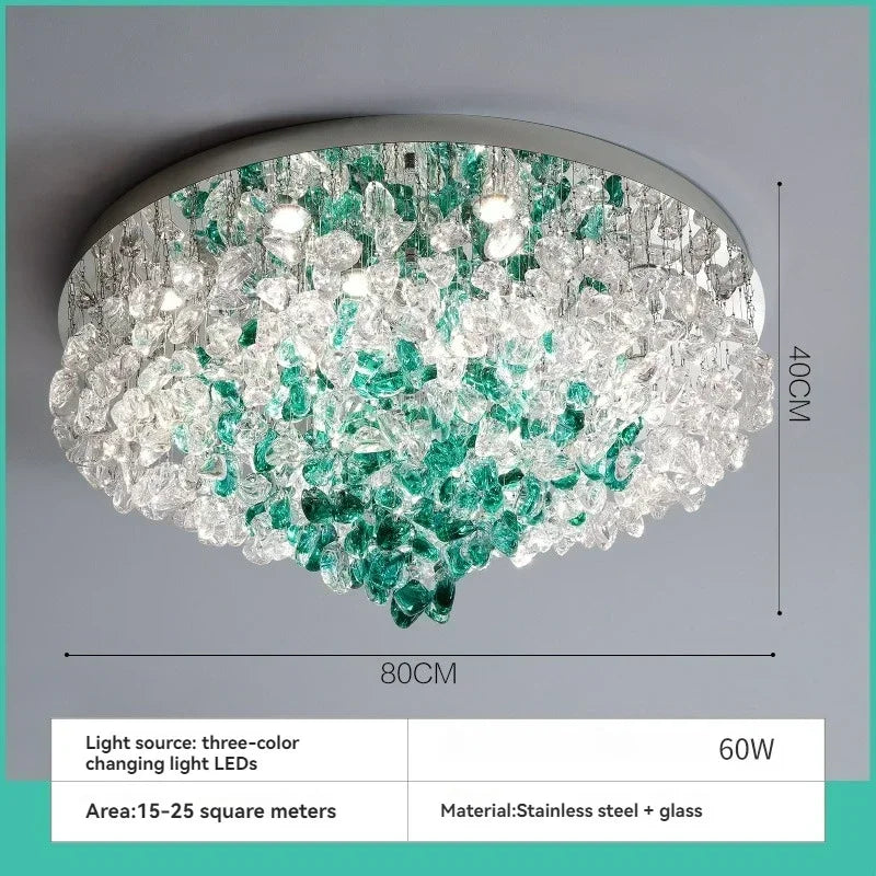Modern Green Crystal LED Ceiling Light - Luxury Flush Mount Chandelier Lighting Fixture for Living Room, Bedroom & Hotel Decor
