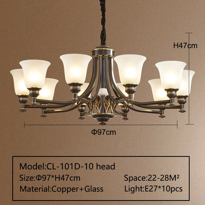 Solid Brass Chandelier with Glass Shades - 3-Color LED Luxury Dining Room Light