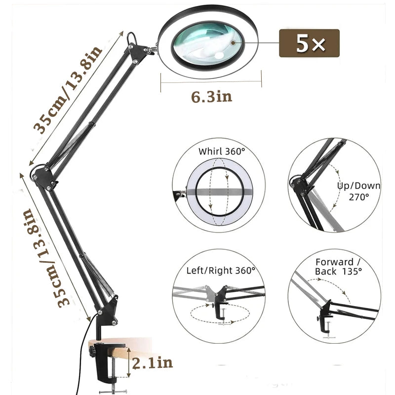 Magnifier LED Desk Lamps USB Dimmable LED Table Lamp Eye-Care Reading Light Book Night Lighting for Work Repair Skincare Beauty
